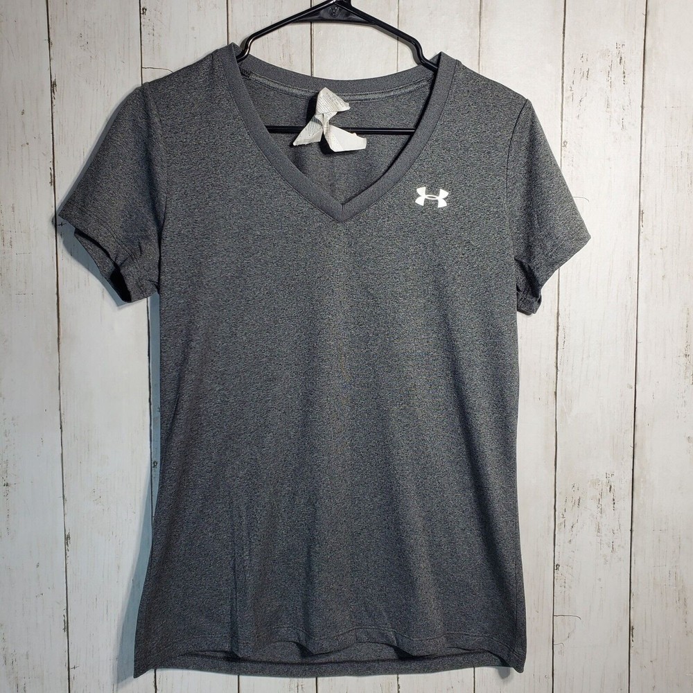 Under Armour T Shirt Heat Gear Grey V-Neck Women’s Size M Medium Short Sleeve